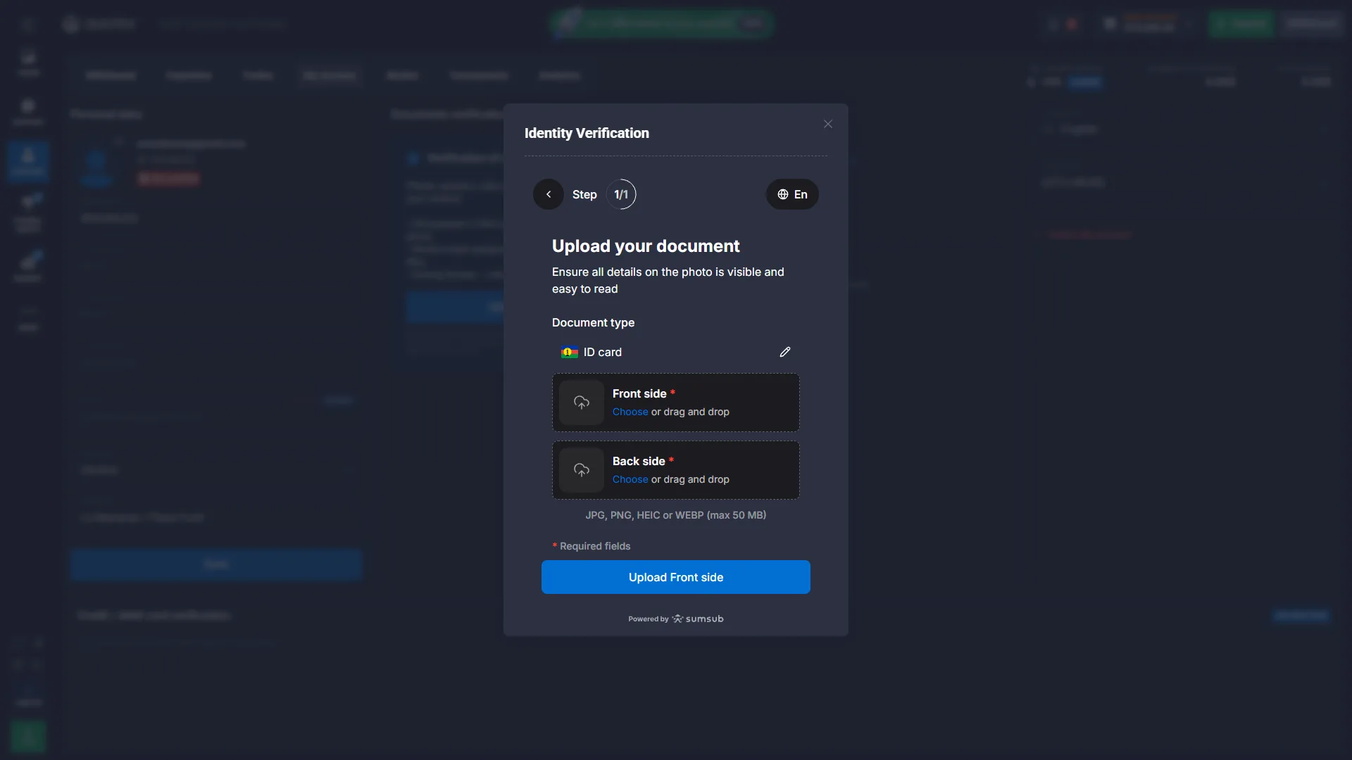 Quotex Sumsub identity verification document upload requesting front and back sides of an ID card