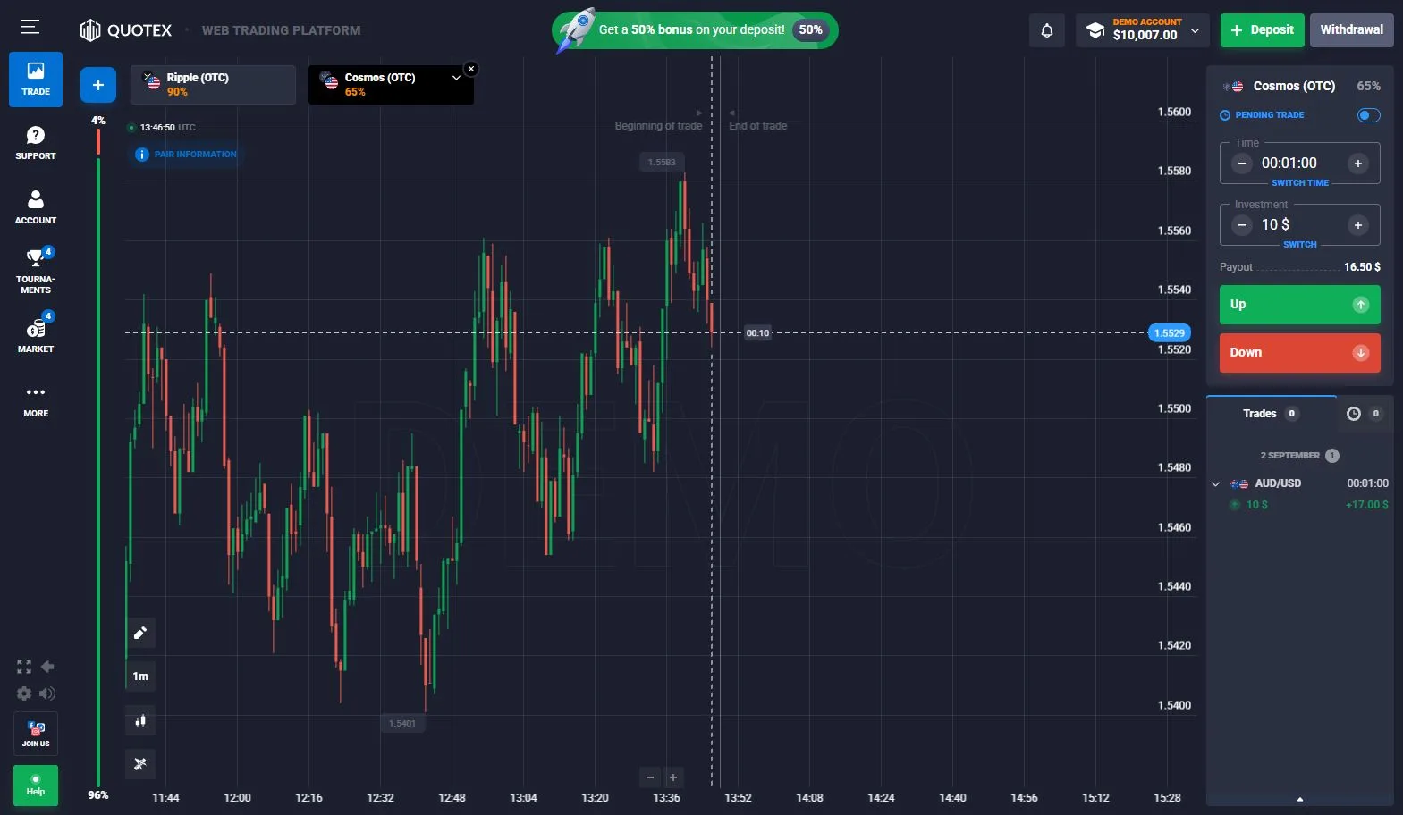 Quotex demo trading terminal showing the $10,000 demo account, asset, time, investment and Up Down controls