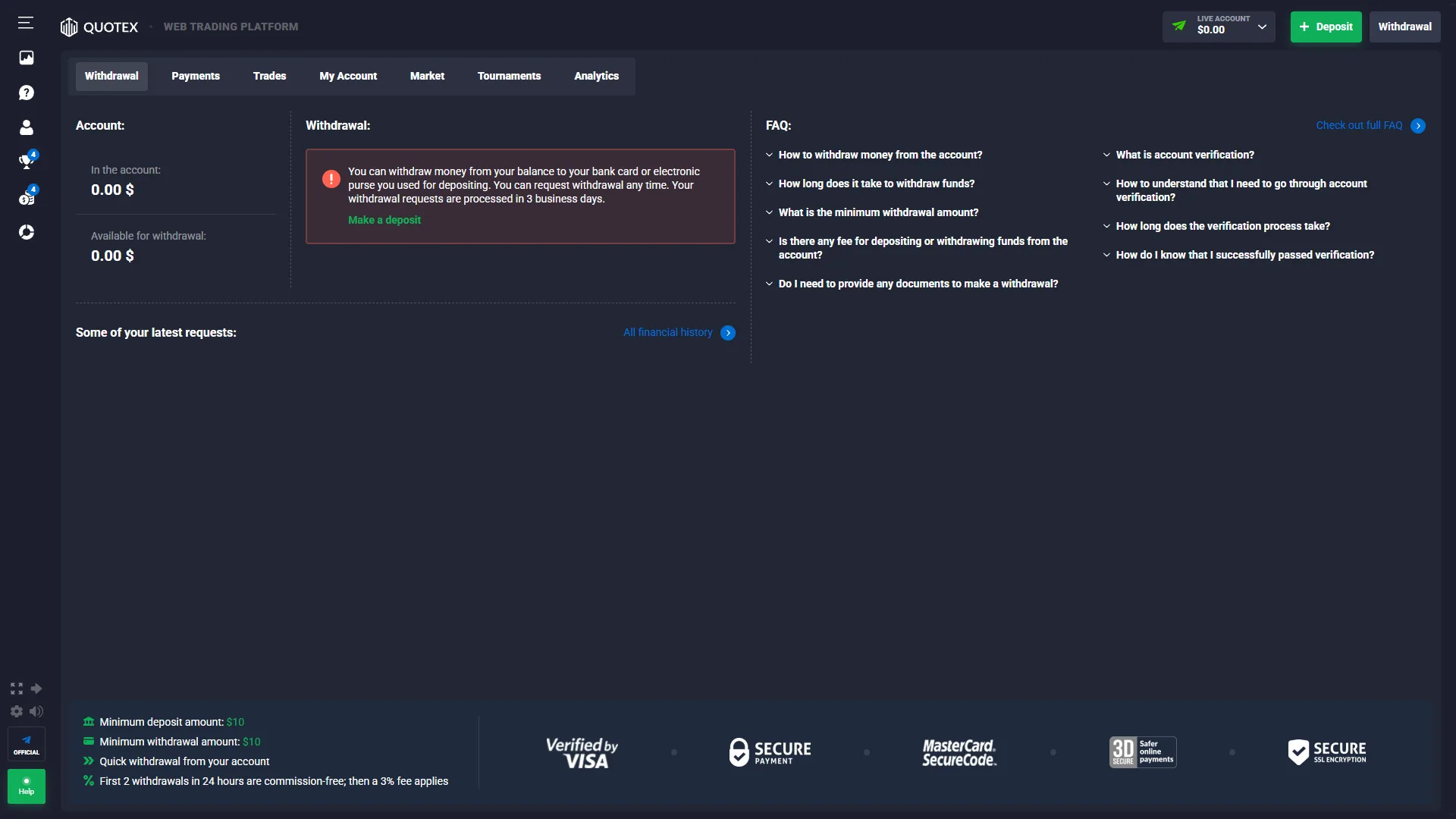Quotex withdrawal page showing minimum deposit and withdrawal amounts and the withdrawal fee condition