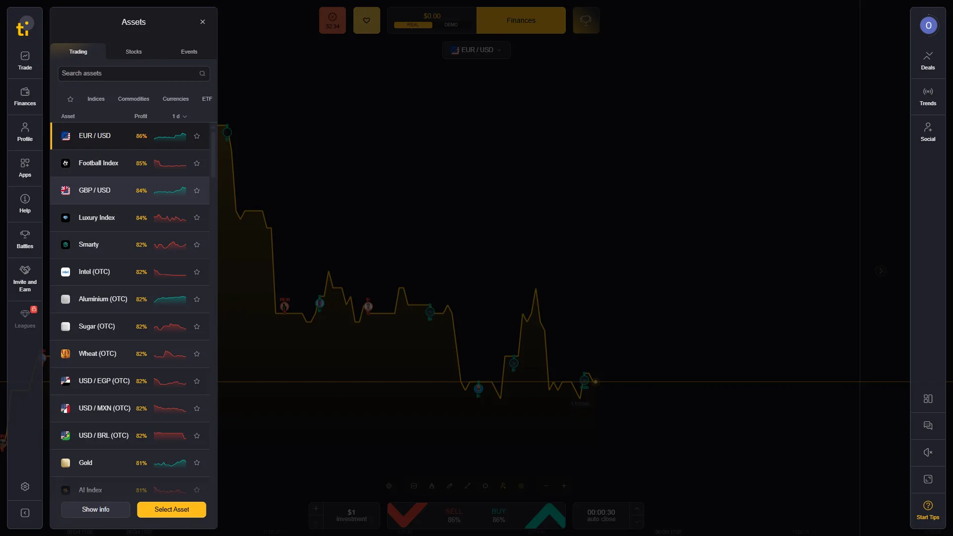Tickz asset selector with currencies commodities OTC instruments and different payout percentages