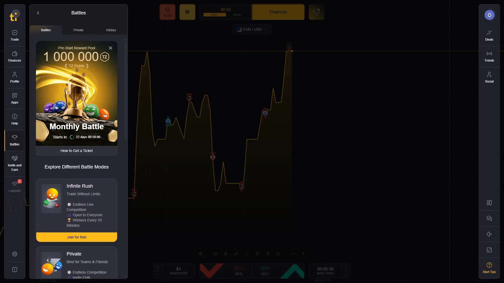 Tickz Battles section with Monthly Battle and competition modes