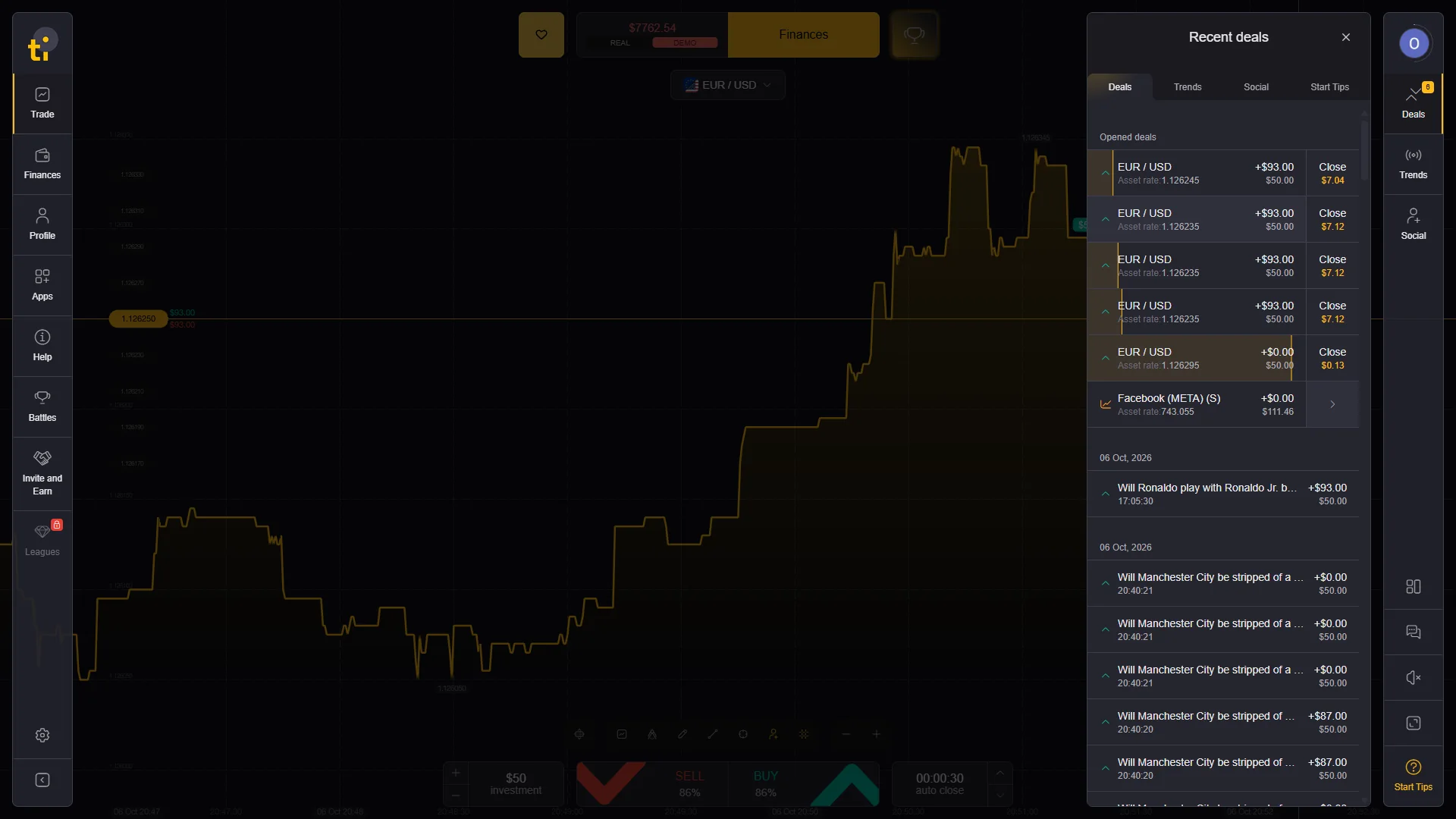 Tickz Recent deals panel showing open EUR USD demo positions with Close amounts before auto close