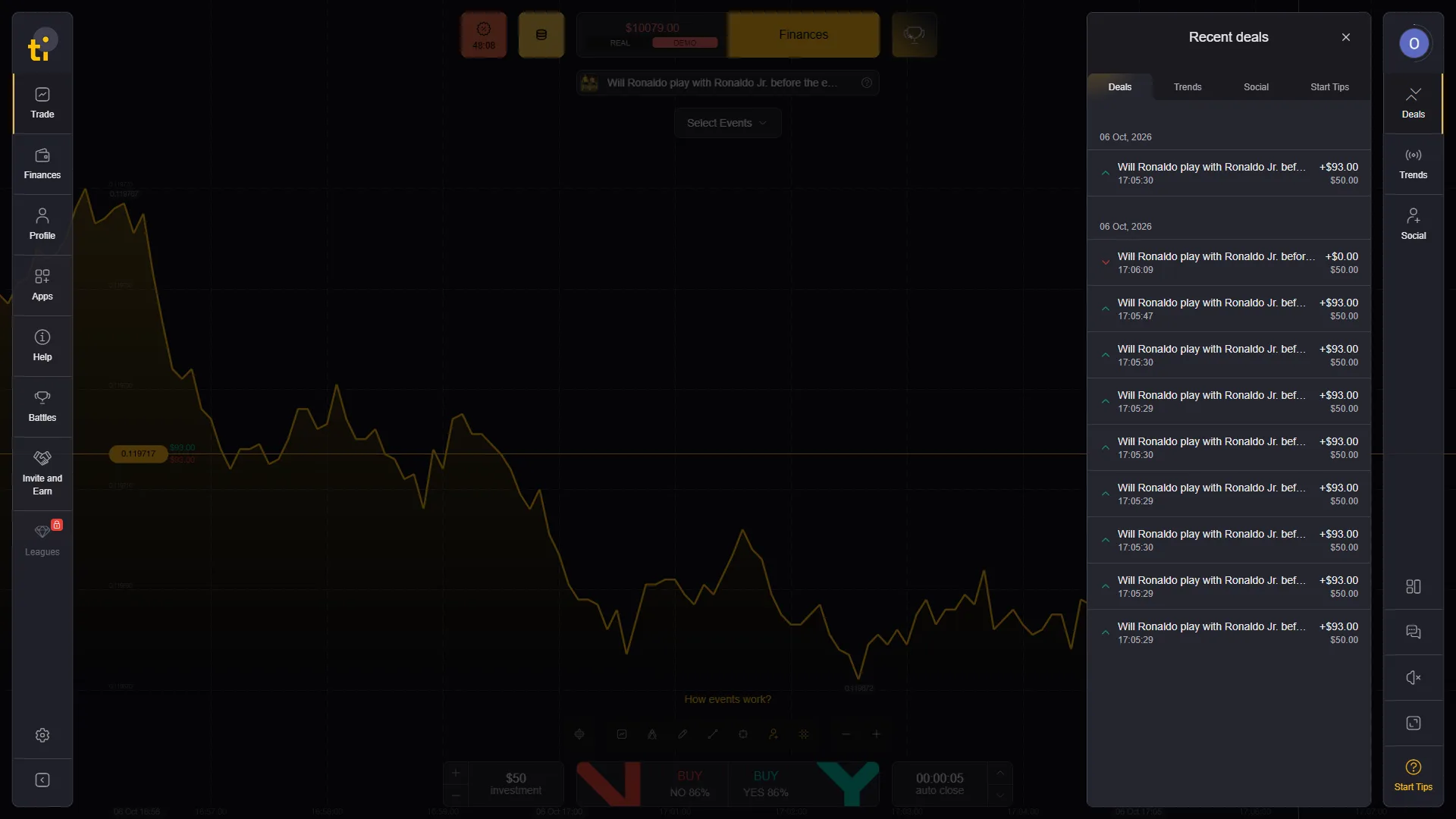 Tickz recent demo deals showing completed event outcomes and displayed investments