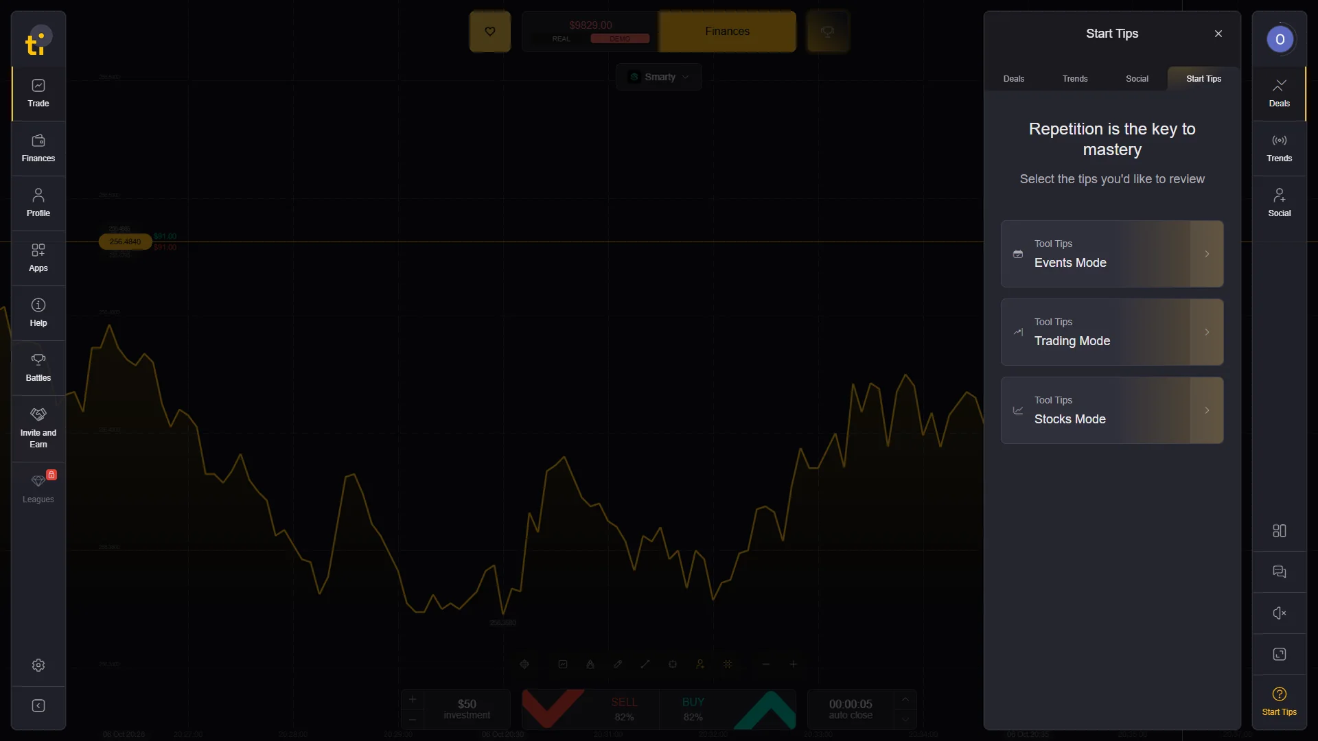 Tickz Start Tips showing separate Events Mode Trading Mode and Stocks Mode