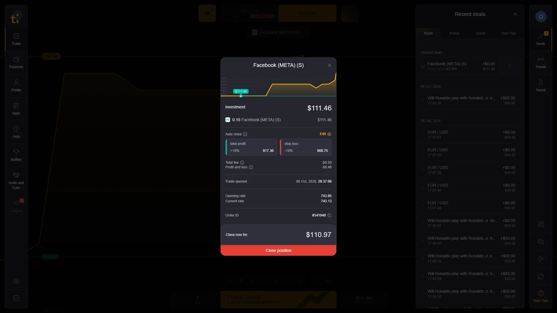 Tickz Stocks Mode Facebook META demo position with lots take profit stop loss opening rate order ID and close position button