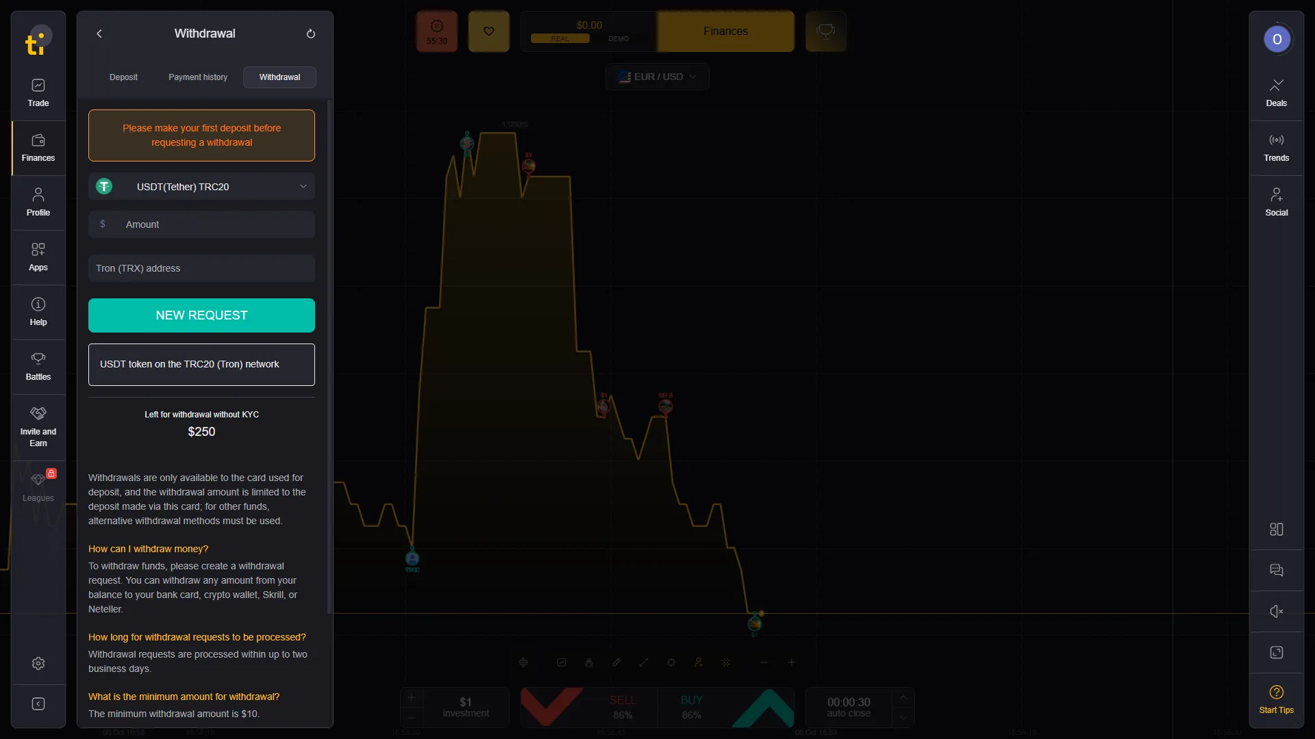 Tickz withdrawal screen with ten dollar minimum up to two business days and KYC information